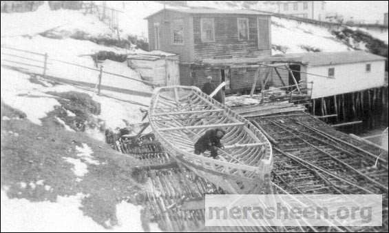 Din Pat Walsh and Ernie building the Sheena in 1949.